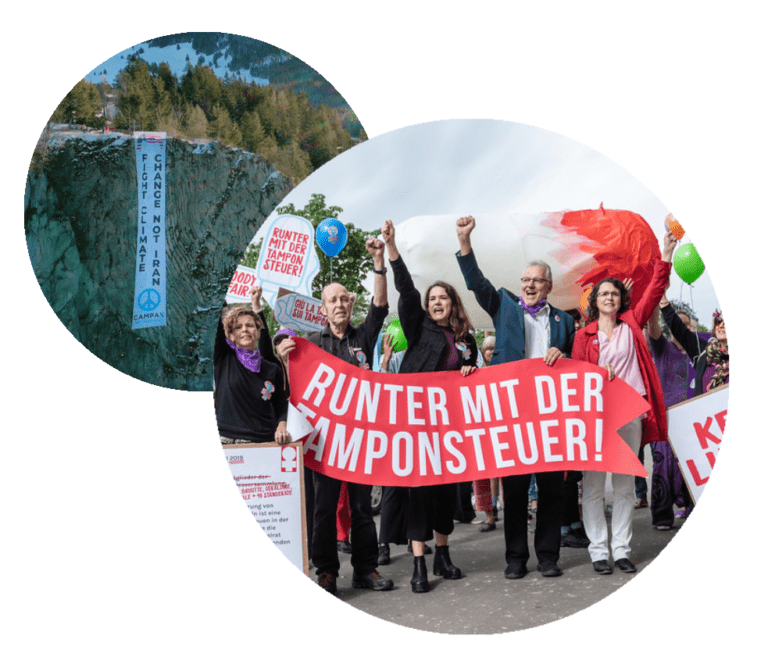 Banner "Fight Climate Change not Iran" & "Runter mit der Tamponsteuer"