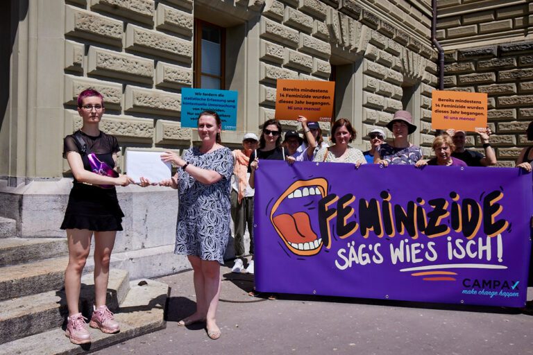 Petitionsübergabe Feminizide («Säg's wie's isch», statistische Erfassung von Feminizide in der Schweiz)