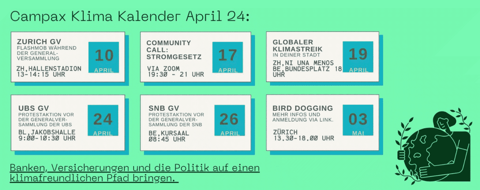 Campax Klima-Aktionen Kalender April-Mai 2024