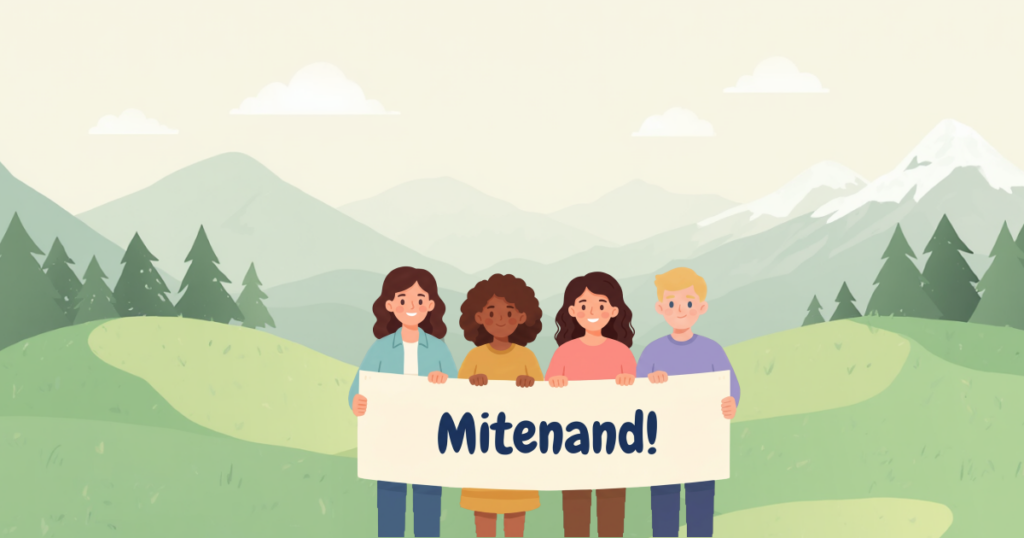 Menschen halten ein Banner mit der Aufschrift «Mitenand!». Im Hintergrund sind Berge und eine grüne Wiese zu sehen. Die Illustration ist im Cartoon-Stil gestaltet.
